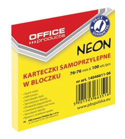 Bloczek samoprzylepny OFFICE PRODUCTS, 76x76mm, 1x100 kart., neon, żółty