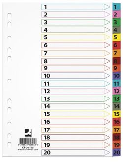 Przekładki Q-CONNECT Mylar, karton, A4, 225x297mm, 1-20, 20 kart, lam. indeks, mix kolorów