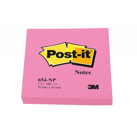 Bloczek samoprzylepny POST-IT® (654N), 76x76mm, 1x100 kart., jaskrawy różowy