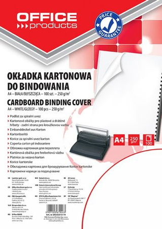 Okładki do bindowania OFFICE PRODUCTS, karton, A4, 250gsm, błyszczące, 100szt., białe