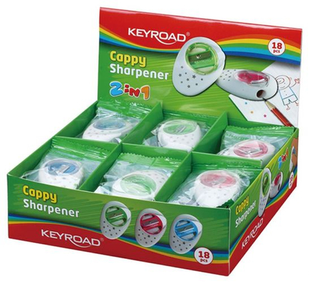 Temperówka KEYROAD Cappy, plastikowa, pojedyncza, z gumką, pakowane na displayu, mix kolorów