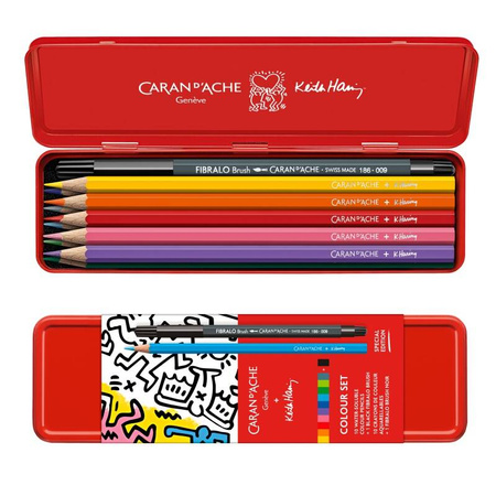 Kredki akwarelowe CARAN D'ACHE, Keith Haring, 10 szt. + 1 czarny flamaster Fibralo Brush