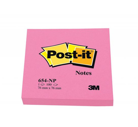 Karteczki samoprzylepne POST-IT® (654N), 76x76mm, 1x100 kart., jaskrawy różowy