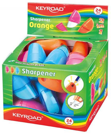 Temperówka KEYROAD Orange, plastikowa, pojedyńcza, z gumką, pakowane na displayu, mix kolorów