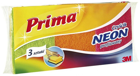 Gąbka do zmywania PRIMA Neon, profilowana, do trudnych zabrudzeń, 3szt., mix kolorów