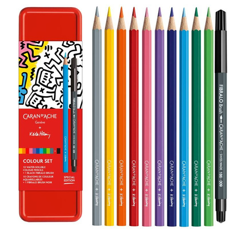 Kredki akwarelowe CARAN D'ACHE, Keith Haring, 10 szt. + 1 czarny flamaster Fibralo Brush