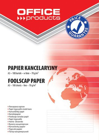 Papier kancelaryjny OFFICE PRODUCTS, w linie, A3, 100ark.