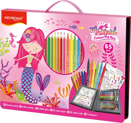 Zestaw artystyczny KEYROAD Mermaid, 65 elementów, pudełko z rączką, różowy