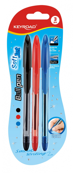 Długopis KEYROAD Ball Pen Soft Jet, miękki uchwyt, 0,7mm, 3 szt., blister, mix kolorów