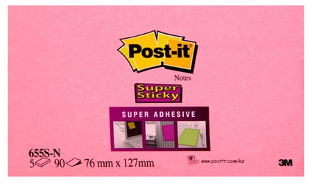 Bloczek samoprzylepny POST-IT® Super Sticky (655S-N), 127x76mm, 5x90 kartek, neonowe