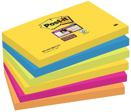 Bloczek samoprzylepny POST-IT® Super sticky (655-6SS-RIO), 127x76mm, 6x90 kart., paleta Rio de Janeiro