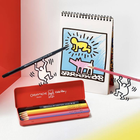 Kredki akwarelowe CARAN D'ACHE, Keith Haring, 10 szt. + 1 czarny flamaster Fibralo Brush