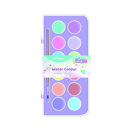 Farby akwarelowe KEYROAD, z pędzelkiem, 12 kolorów pastelowych, zawieszka