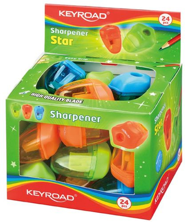 Temperówka KEYROAD Star, plastikowa, pojedyńcza, z pojemnikiem, pakowane na displayu, mix kolorów