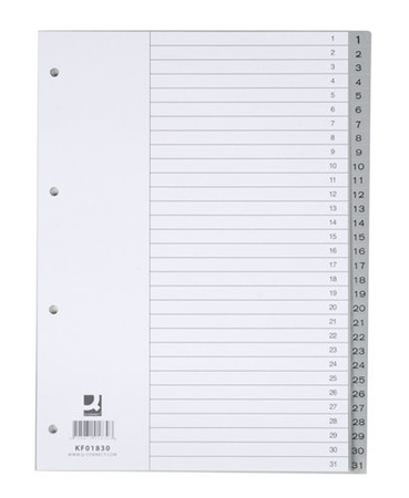 Przekładki Q-CONNECT, PP, A4, 230x297mm, 1-31, 31 kart, szare