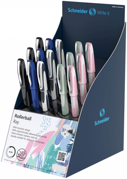 Display piór kulkowych SCHNEIDER Ray, M, kolory Basic+Trend, 15 szt., mix kolorów