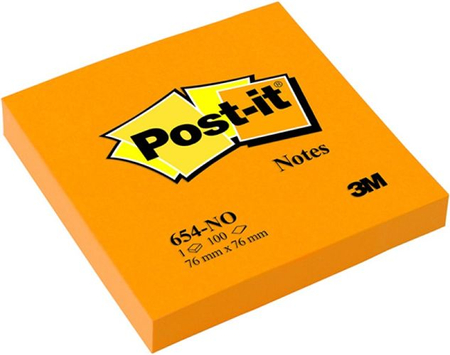 Bloczek samoprzylepny POST-IT® (654N), 76x76mm, 1x100 kart., jaskrawy pomarańczowy