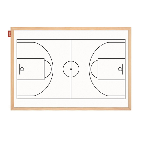 Tablica taktyczna MEMOBE, such-mag biała, boisko do koszykówki, rama drewniana, 60x40 cm