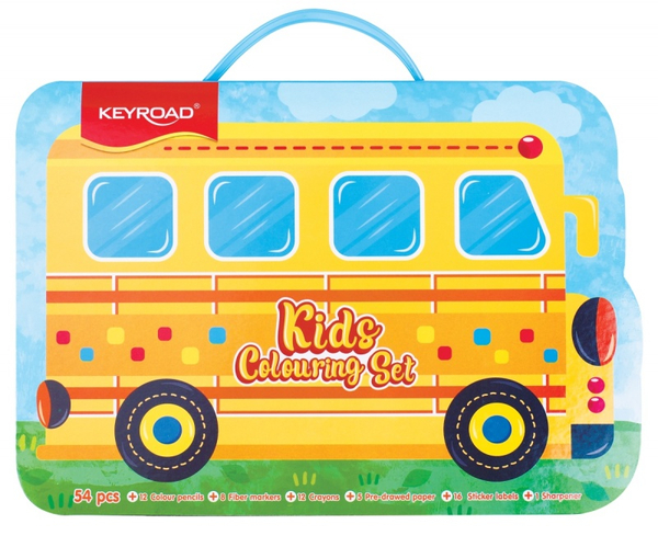 Zestaw artystyczny dla dzieci KEYROAD, 54 elementy, pudełko z rączką, autobus