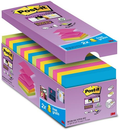 Bloczek samoprzylepny POST-IT® Super sticky Z-Notes (R330-SS-VP16), 76x76mm, 14x90 kart., mix kolorów, 2 bloczki gratis