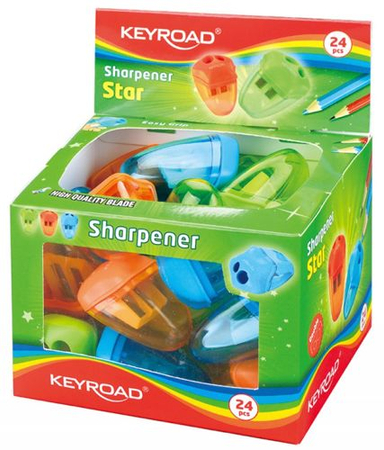 Temperówka KEYROAD Star, plastikowa, podwójna, z pojemnikiem, pakowane na displayu, mix kolorów