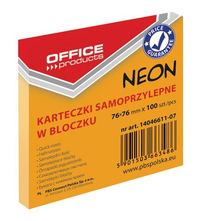 Bloczek samoprzylepny OFFICE PRODUCTS, 76x76mm, 1x100 kart., neon, pomarańczowy