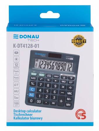 Kalkulator biurowy DONAU TECH, 12-cyfr. wyświetlacz, wym. 140x122x30 mm, czarny